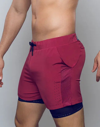 Spr max short red athletic shorts with navy blue drawstring mesh paneling and double-layer design for activewear