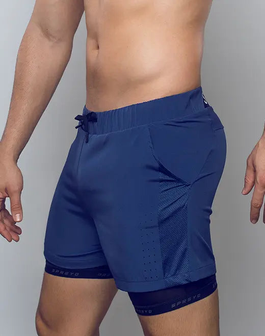 Navy blue spr max short athletic shorts with mesh side panels and drawstring waistband for active wear