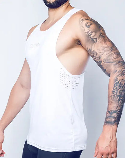 White athletic tank top spr y-tank with perforated mesh panel on the side for breathability and comfort