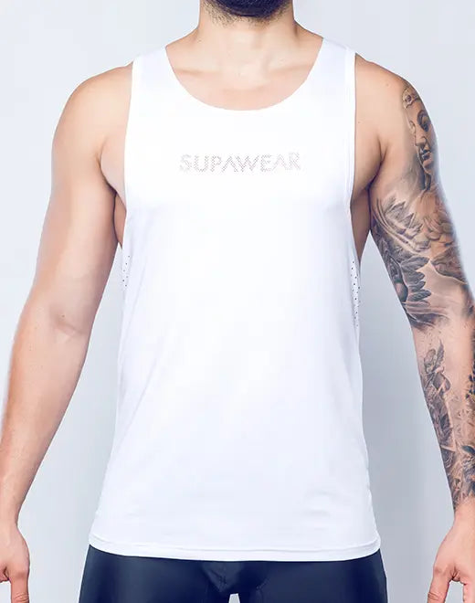 White supawear spr y-tank tank top with subtle mesh detailing on the sides in breathable fabric