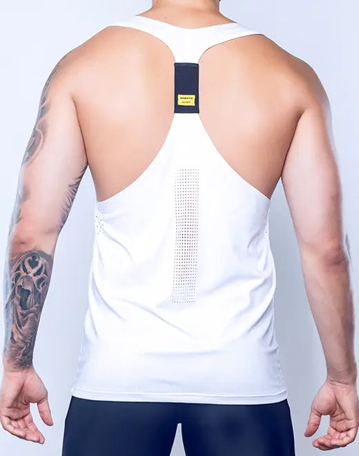 White athletic tank top spr y-tank with black rectangular panel and vertical mesh design on back side
