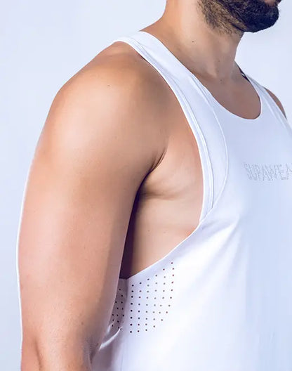White spr y-tank athletic tank top with perforated mesh side panel and subtle gray sirius logo embroidered