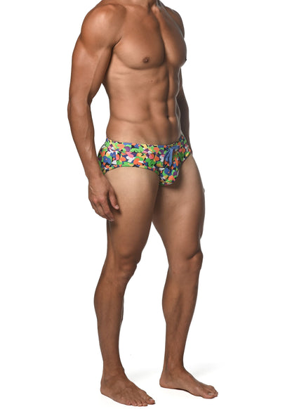 Spring green abstract freestyle swim brief with vibrant multicolored geometric pattern and blue drawstring waistband