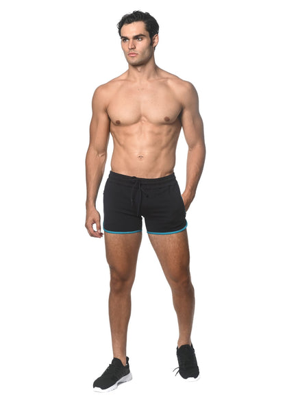 Sprinter stretch gym shorts black with teal trim heat weld zippers breathable athletic wear
