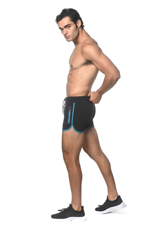 Black sprinter stretch gym shorts with teal trim and heat weld side zipper pockets for athletic use
