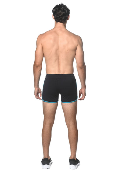 Black sprinter stretch gym shorts with teal trim and heat weld zippers designed for athletic performance