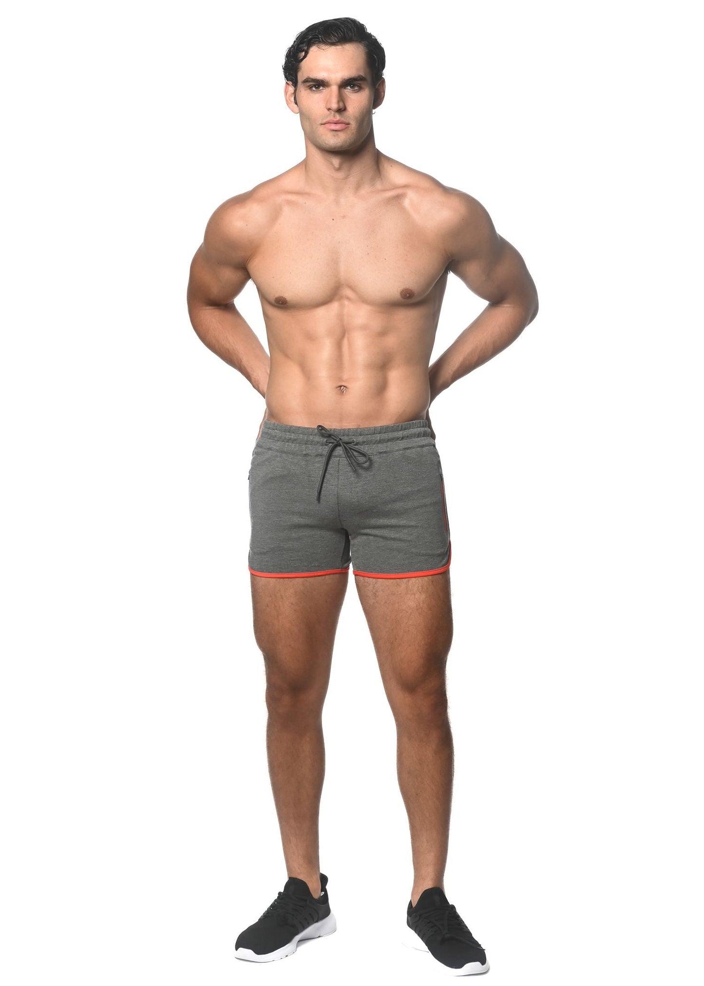 Gray sprinter stretch gym shorts with heat weld zipper pockets orange trim and drawstring waistband for athletic use