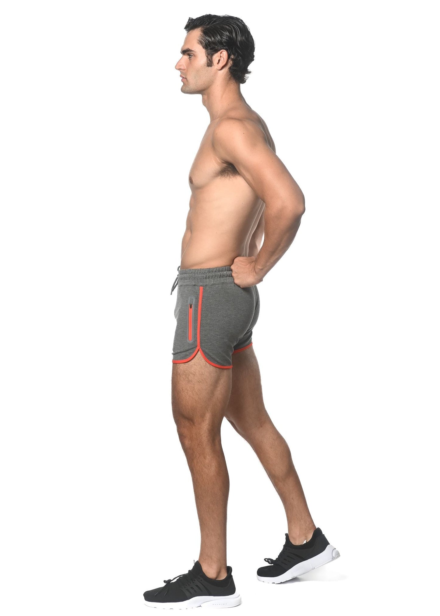 Gray sprinter stretch gym shorts with orange trim heat weld zippers side pockets and drawstring waistband