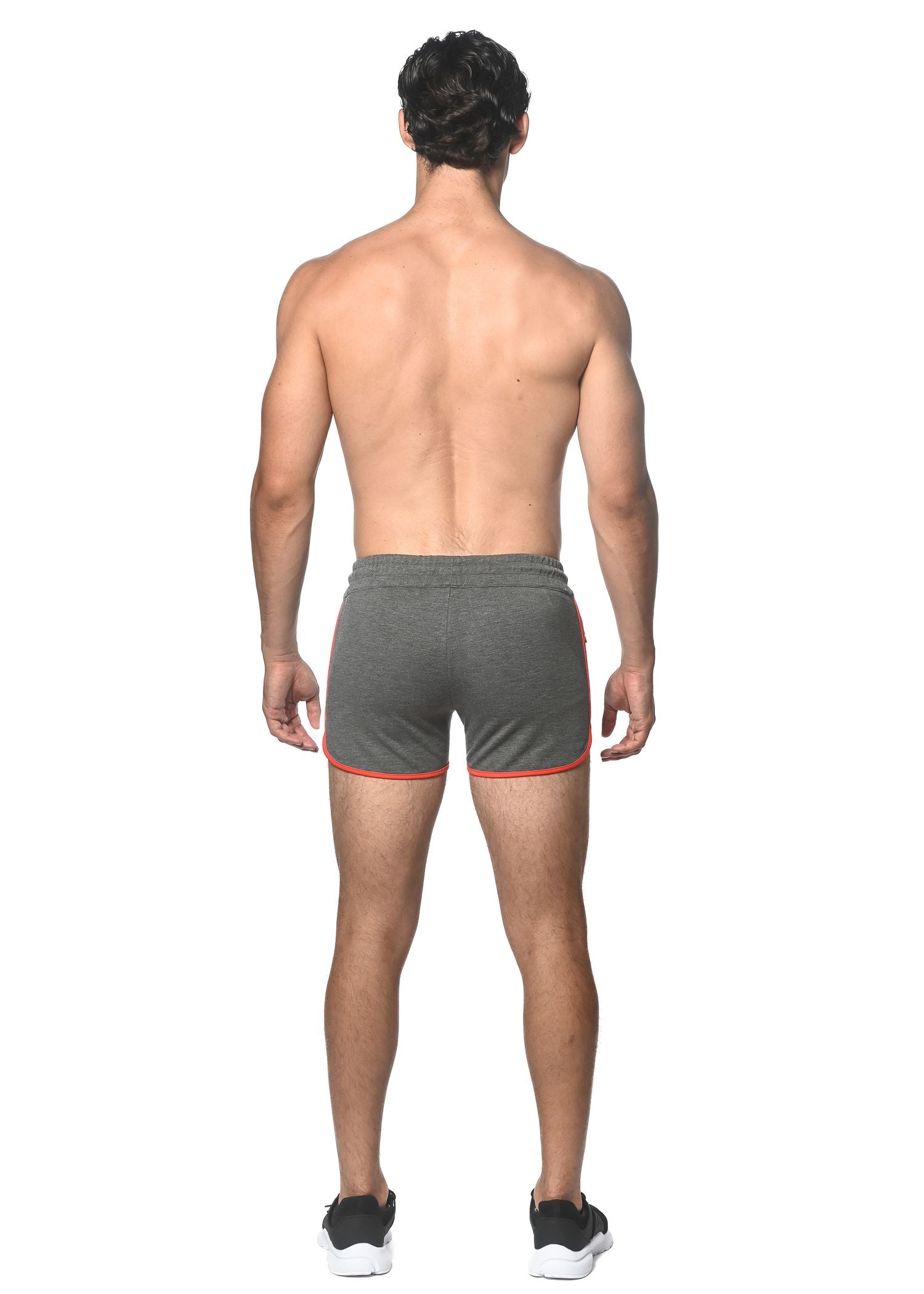 Gray sprinter stretch gym shorts with heat weld zippers featuring red trim along the hem for athletic use