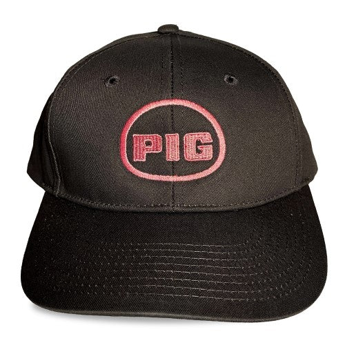 Black snapback spunky monkee cap with pink embroidered pig logo in circular design for casual wear