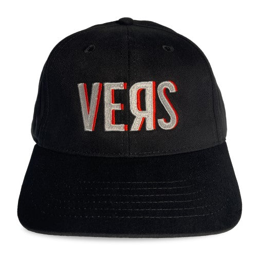 Black baseball cap spunky monkee cap vers with embroidered vers logo in white and red thread on front panel