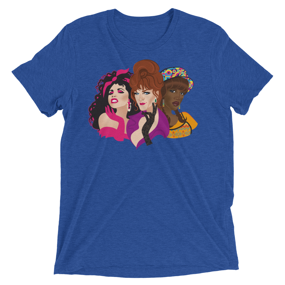 Blue heathered t-shirt with vibrant graphic of three colorful drag queens titled squad goals design