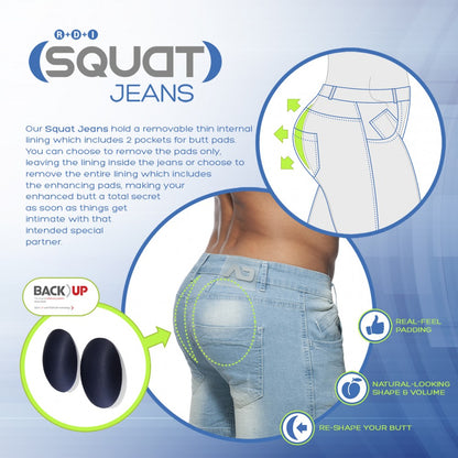 Light blue denim squat bermuda jeans with removable internal padding for enhanced shape and volume