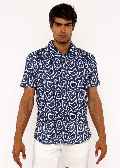 A navy blue short-sleeved squiggly print open knit shirt with a white abstract pattern in lightweight fabric