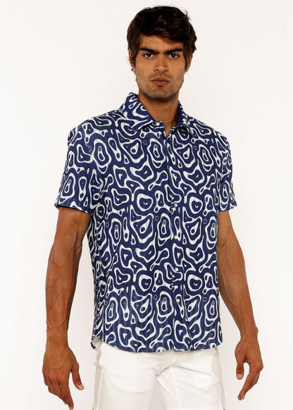 A navy blue short-sleeved squiggly print open knit shirt with a white abstract pattern for casual wear