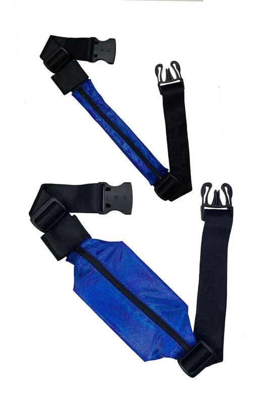 Blue athletic running belt with black adjustable straps and zipper closure for secure storage during workouts