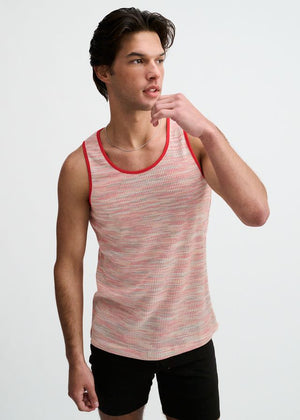 A red space-dye textured knit tank top with solid red trim.