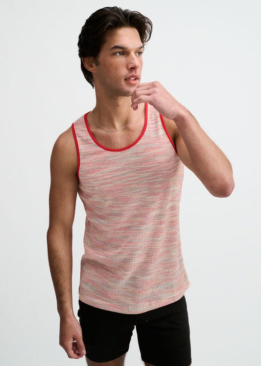 A red space-dye textured knit tank top with solid red trim.