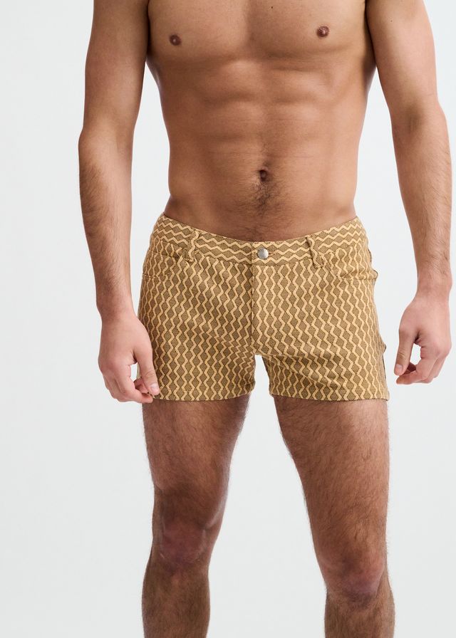 Short de sport ST33LE pour homme en maille extensible à motif jacquard gaufré, 3 po - Caramel