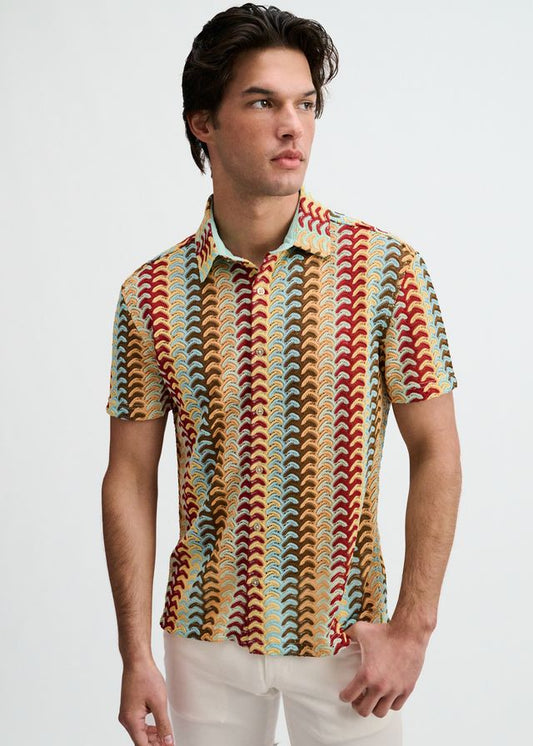 Short-sleeve button-down shirt featuring an open-knit arrow stripe pattern in yellow, red, brown, and light blue.