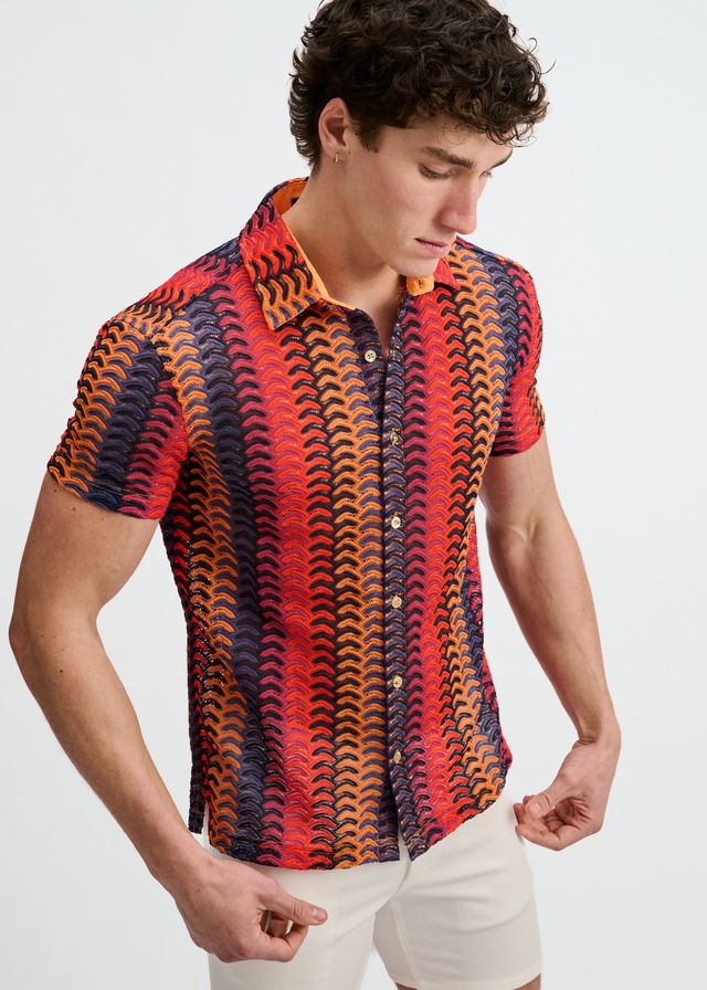 ST33LE Arrow Stripe Open Knit Stretch Shirt - Navy/Red