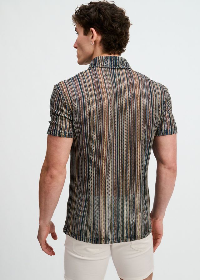 ST33LE Herren-Strickhemd mit vertikalen Streifen, Stretch, offen gestrickt – Türkis/Khaki
