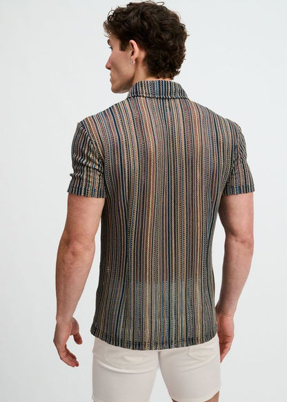 ST33LE Herren-Strickhemd mit vertikalen Streifen, Stretch, offen gestrickt – Türkis/Khaki