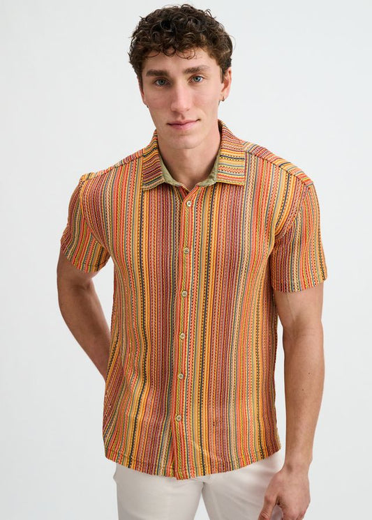 ST33LE Herren-Strickhemd mit vertikalen Streifen, elastisch – Bumblebee/Salbei