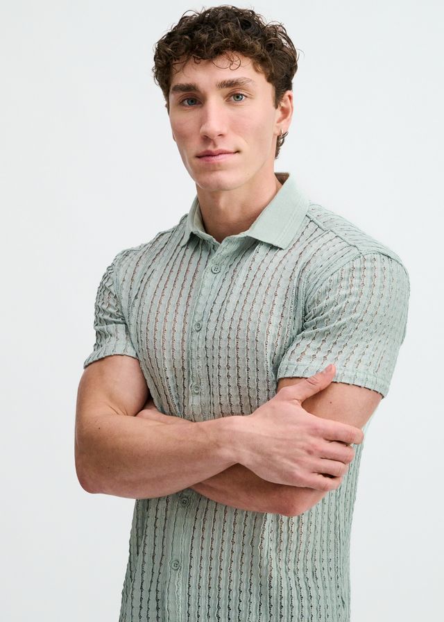 ST33LE Open Knit Stretch S/S Shirt With Rib Collar - Ocean