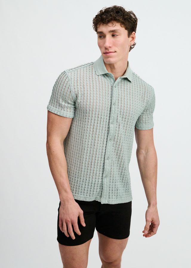 ST33LE Open Knit Stretch S/S Shirt With Rib Collar - Ocean