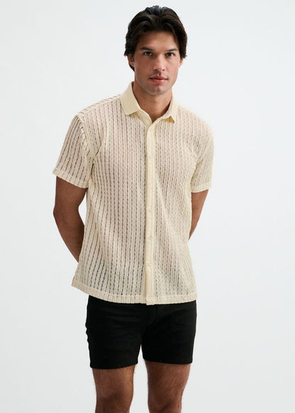ST33LE Open Knit Stretch S/S Shirt With Rib Collar - Off White