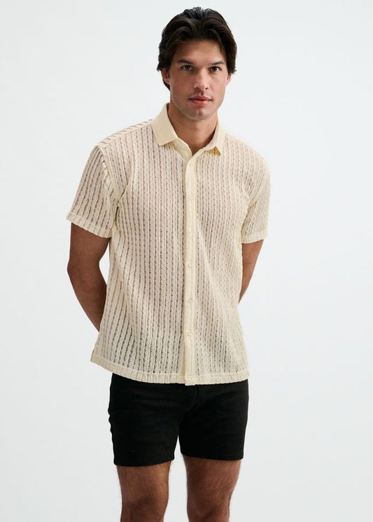 Off-white short-sleeve open-knit button-down shirt with a ribbed collar.