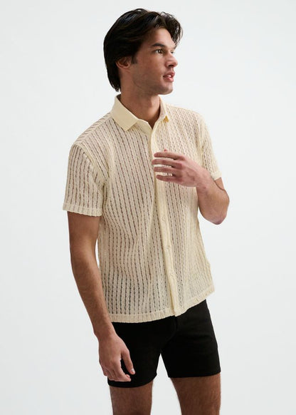 ST33LE Open Knit Stretch S/S Shirt With Rib Collar - Off White