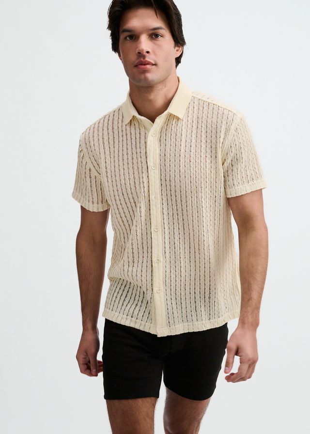 ST33LE Open Knit Stretch S/S Shirt With Rib Collar - Off White