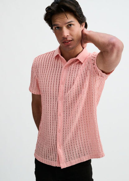 ST33LE Open Knit Stretch S/S Shirt With Rib Collar - Pink