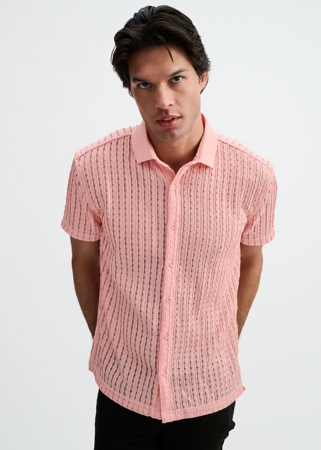 ST33LE Open Knit Stretch S/S Shirt With Rib Collar - Pink