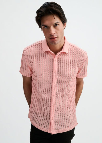 ST33LE Open Knit Stretch S/S Shirt With Rib Collar - Pink