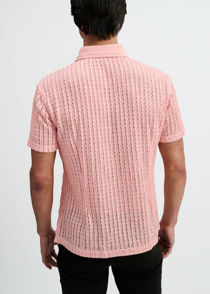 ST33LE Open Knit Stretch S/S Shirt With Rib Collar - Pink
