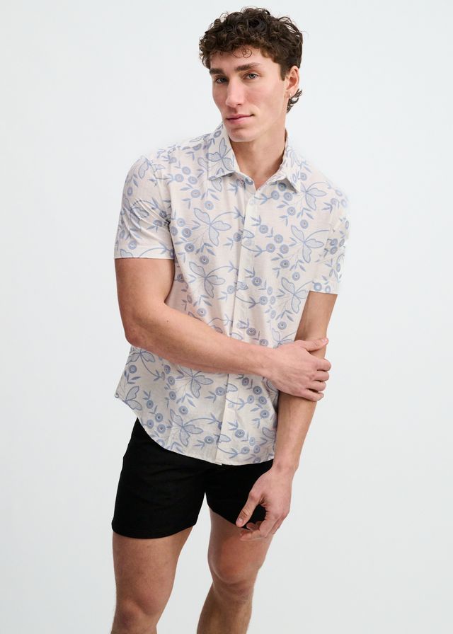 ST33LE Printed Eyelet Stretch S/S Shirt - Sky/White