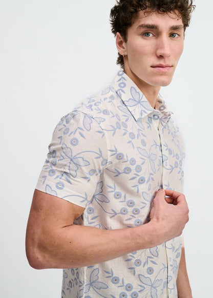 ST33LE Printed Eyelet Stretch S/S Shirt - Sky/White