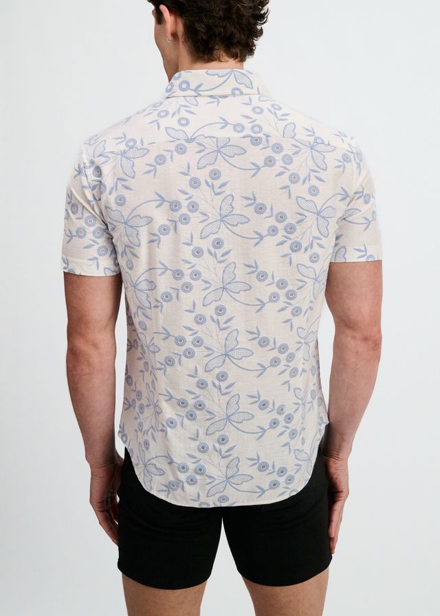 ST33LE Printed Eyelet Stretch S/S Shirt - Sky/White