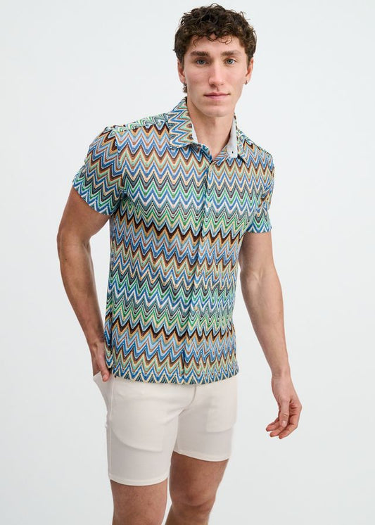 A short-sleeve button-down shirt with a chevron knit pattern in cobalt, sky blue, green, and brown tones.
