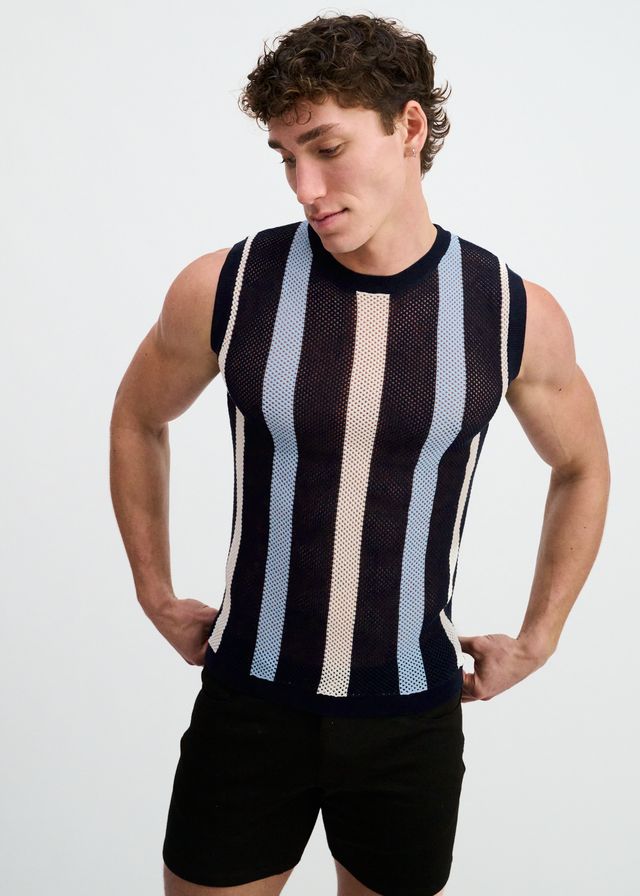 ST33LE Textured Stripe Open Knit Vest - Navy