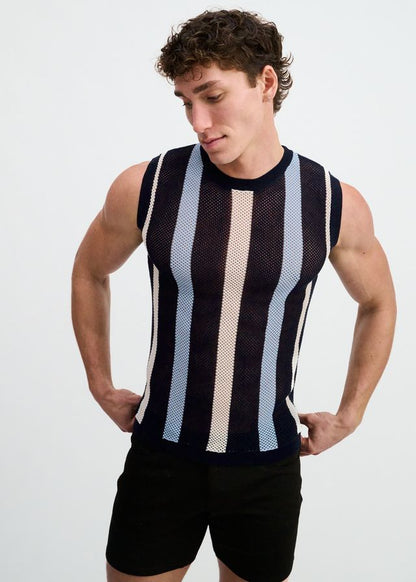 ST33LE Textured Stripe Open Knit Vest - Navy
