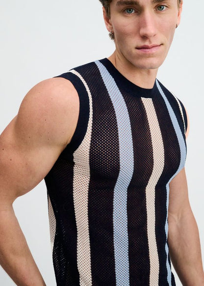 ST33LE Textured Stripe Open Knit Vest - Navy