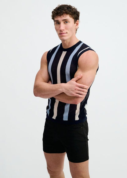 ST33LE Textured Stripe Open Knit Vest - Navy