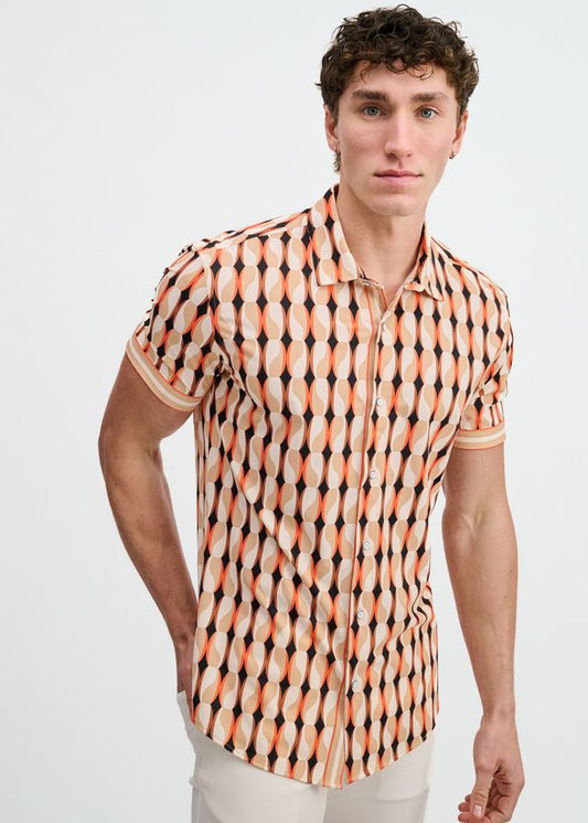 Short-sleeve button-down shirt in spice, sand, and black abstract geometric print with striped sleeve cuffs and placket.