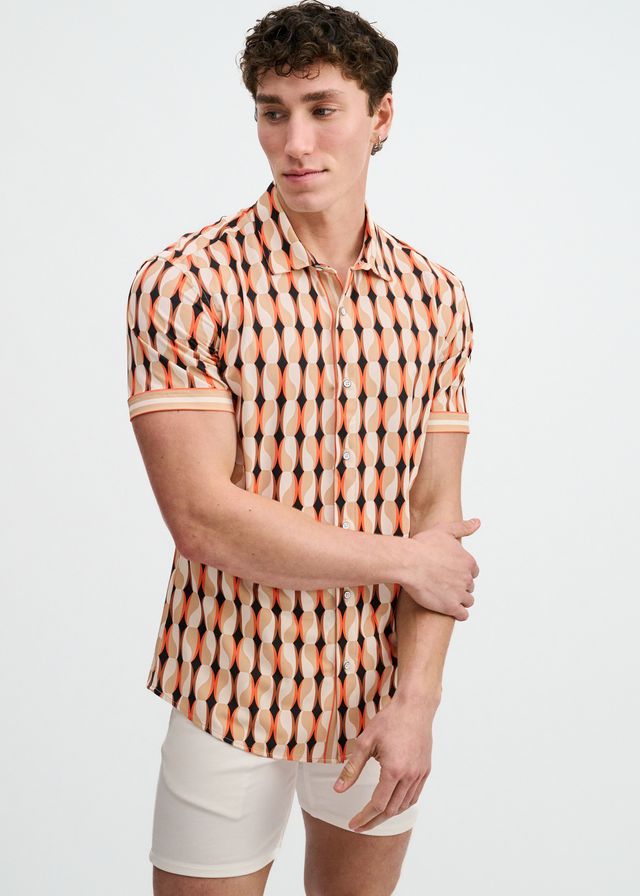 ST33LE Printed Performance S/S Shirt With Placket Detail - Spice/Sand