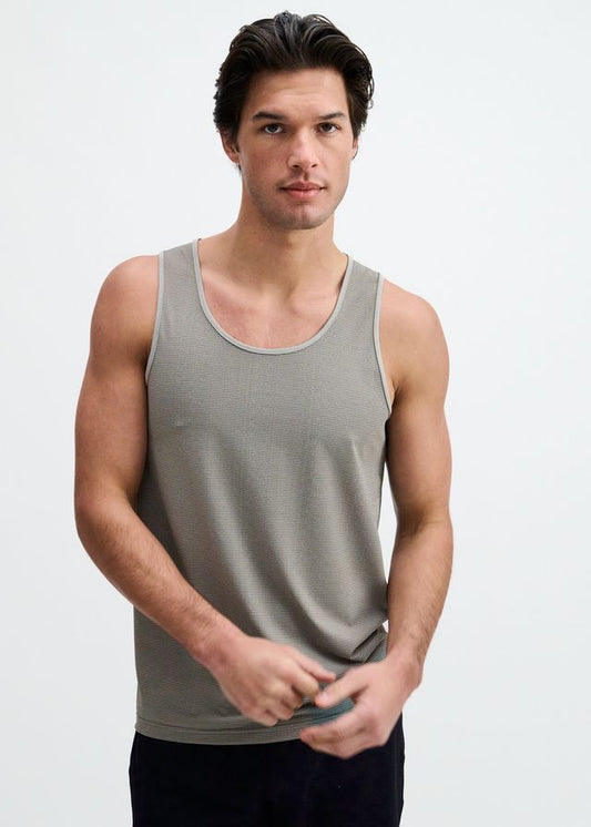 Grey and black textured stretch mesh performance tank top.