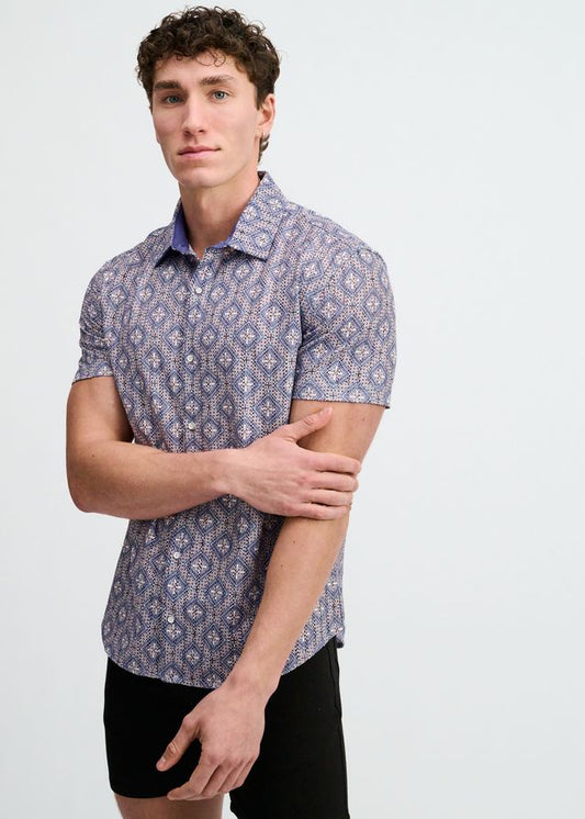 A short-sleeve button-down shirt in blueberry and petal featuring a geometric diamond print.
